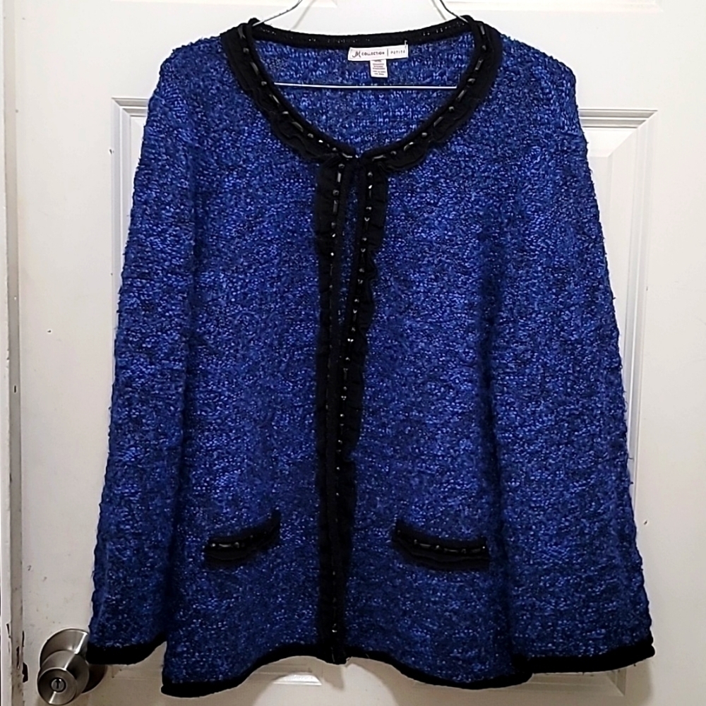 JM Collection Cardigan Womens PXL Blue Beaded Trim Wool Blend Boucle Sweater